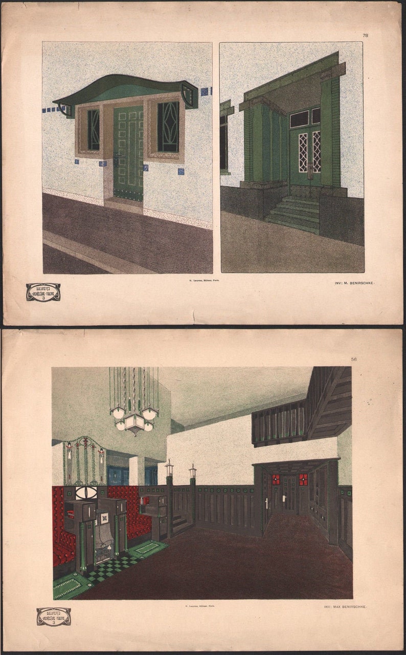 1910 Lot of 2 lithographs Architecture Art Deco Max Benirschke interior decoration