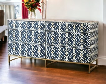 Bone Ikat Inlay 6 Drawers Chest of Drawers, Bone Inlay Drawers Dresser, Bone Inlay Chest of Drawers, Bone Inlay Furniture Sideboard Unit