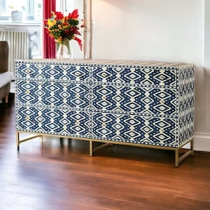 Bone Ikat Inlay 6 Drawers Chest of Drawers, Bone Inlay Drawers Dresser, Bone Inlay Chest of Drawers, Bone Inlay Furniture Sideboard Unit