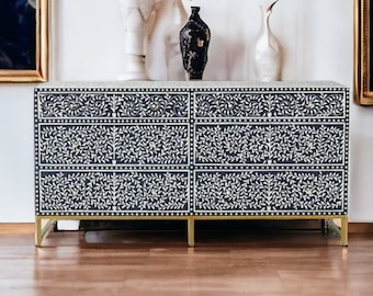 Bone Floral Inlay 6 Drawers Chest of Drawers, Bone Inlay Drawers Dresser, Bone Inlay Chest of Drawers, Bone Inlay Furniture Sideboard Floral