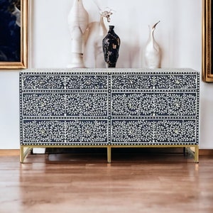 Bone Floral Inlay 6 Drawers Chest of Drawers, Bone Inlay Drawers Dresser, Bone Inlay Chest of Drawers, Bone Inlay Furniture Sideboard Floral