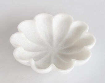 Handcrafted Marble Decorative Bowl Ripple Marble Bowl White Marble Flower Bowl Decorative Marble Scallop Bowl Ruffled Marble Bowl Ring Dish