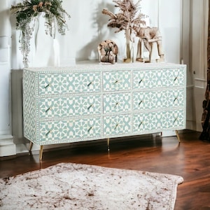 Bone Moroccan Inlay 9 Drawers Chest of Drawers, Bone Inlay Drawers Dresser, Bone Inlay Chest of Drawers, Bone Inlay Furniture Sideboard Unit