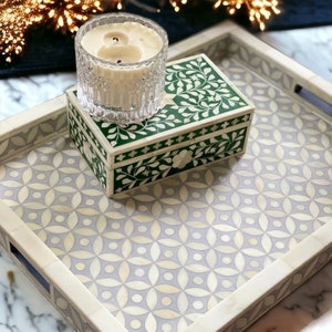 Handmade Bone Inlay Wooden Modern Floral Pattern Serving Tray Furniture Bone Inlay Tray Decorative Tray Home Decor Gift Bone Inlay Furniture