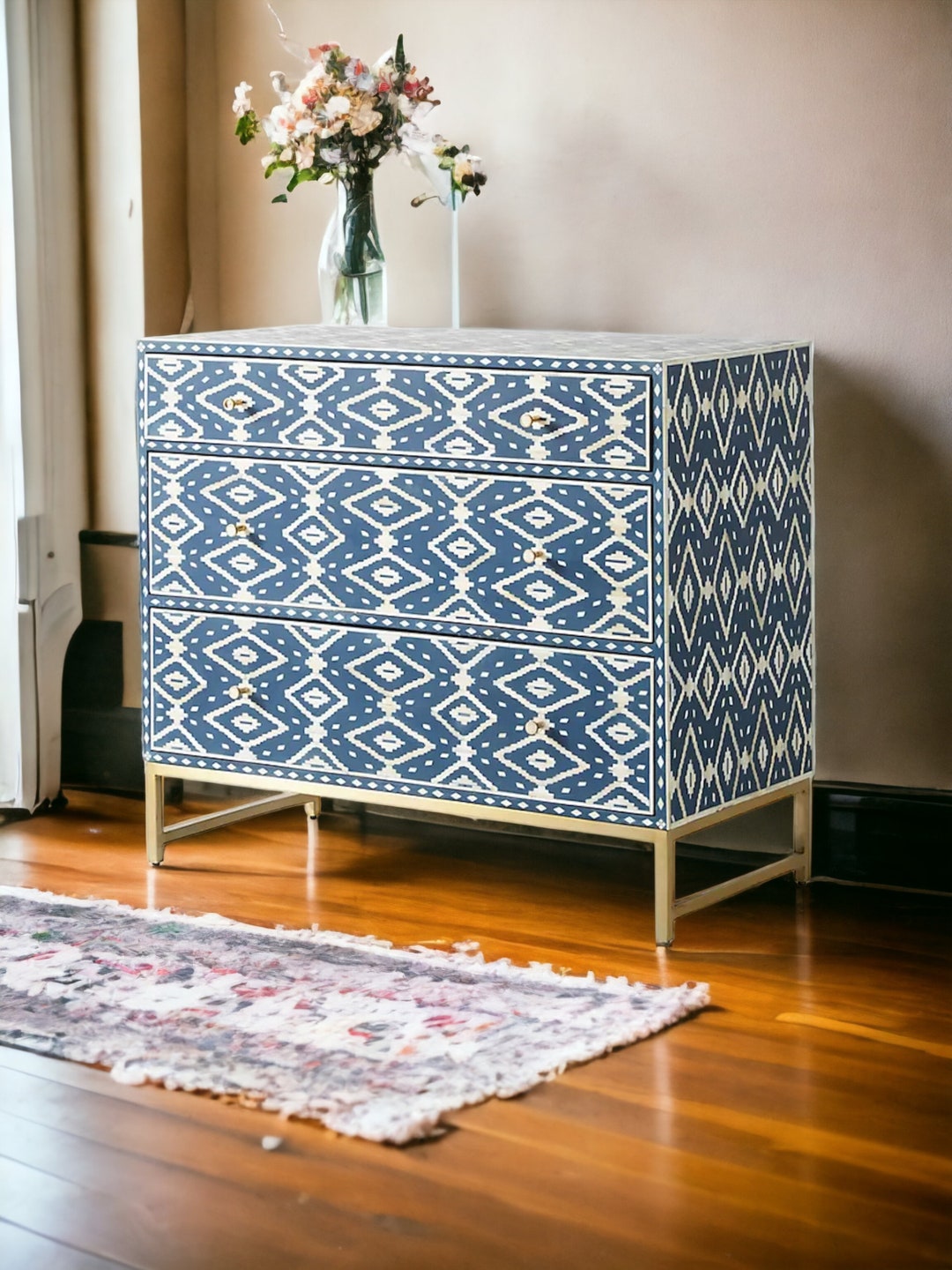 Bone Ikat Inlay 3 Drawers Chest of Drawers, Bone Inlay Drawers Dresser ...