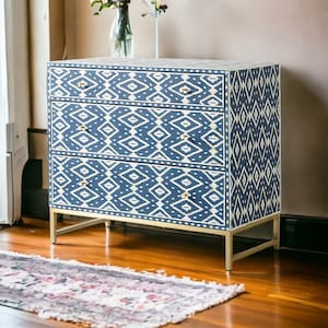 Bone Ikat Inlay 3 Drawers Chest of Drawers, Bone Inlay Drawers Dresser, Bone Inlay Chest of Drawers, Bone Inlay Furniture Sideboard Unit