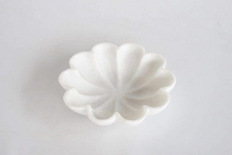 Handcrafted Marble Decorative Bowl Ripple Marble Bowl White Marble Flower Bowl Decorative Marble Scallop Bowl Ruffled Marble Bowl Ring Dish image 1