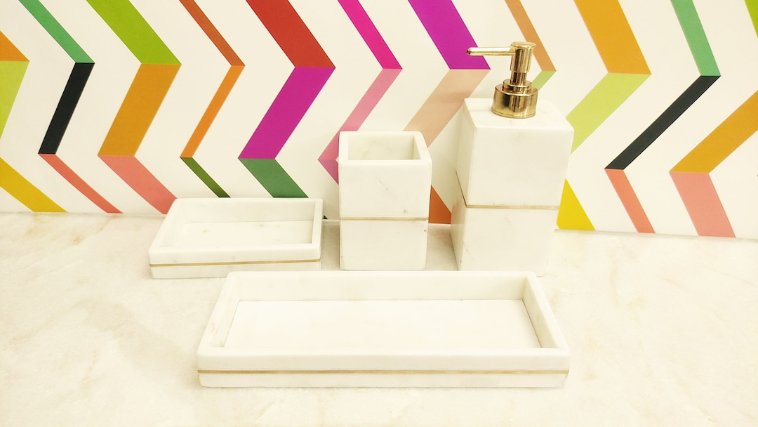 RQYIXI Bathroom Accessories Set 4 Pcs Marble Look Sets Toothbrush Holder Soap Dispenser Counter Top Ceramic Bathroom Decor Set Gold-558717