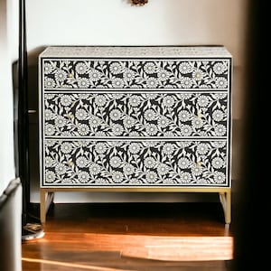 Bone Flora Inlay 3 Drawers Chest of Drawers, Bone Inlay Drawers Dresser, Bone Inlay Chest of Drawers, Bone Inlay Furniture Sideboard Floral