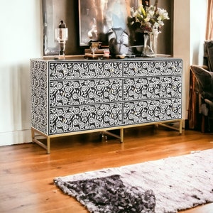 Bone Floral Inlay 6 Drawers Chest of Drawers, Bone Inlay Drawers Dresser, Bone Inlay Chest of Drawers, Bone Inlay Furniture Sideboard Floral