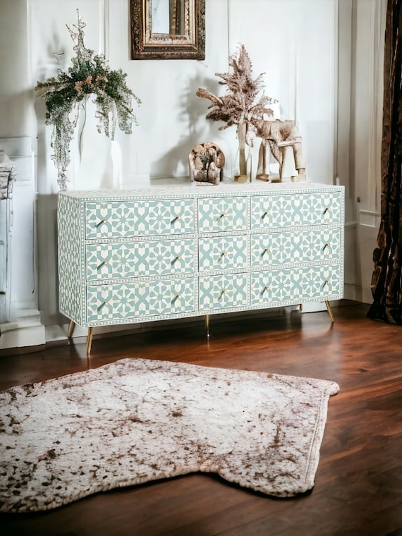 Bone Moroccan Inlay 9 Drawers Chest of Drawers Bone Inlay Drawers