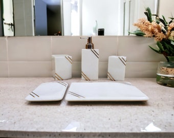 White Marble Bathroom Accessories Set, Marble Soap Dispenser, Marble Tray, Tissue Paper Box, Soap Dish, Tooth Brush Holder, Glass/Dustbin