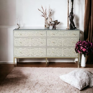 Bone Floral Inlay 6 Drawers Chest of Drawers, Bone Inlay Drawers Dresser, Bone Inlay Chest of Drawers, Bone Inlay Furniture Sideboard Floral