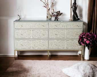 Bone Floral Inlay 6 Drawers Chest of Drawers, Bone Inlay Drawers Dresser, Bone Inlay Chest of Drawers, Bone Inlay Furniture Sideboard Floral