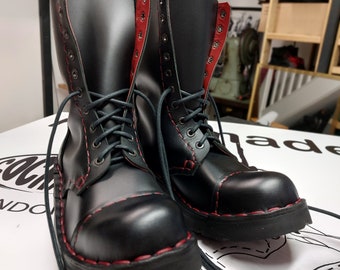 Handmade Cockney boots, 10' eyelets black waterproof leather, red stitch. Steel toe cap. Tire style rubber sole