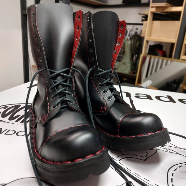 Handmade Cockney boots, 10' eyelets black waterproof leather, red stitch. Steel toe cap. Tire style rubber sole