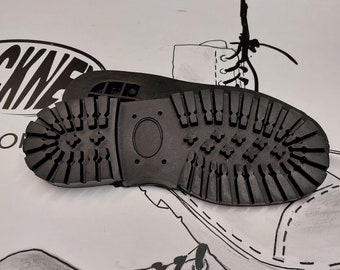 May include: Close-up of a black rubber sole with a textured tread pattern. The sole is designed for a boot and has a small oval-shaped hole in the center.
