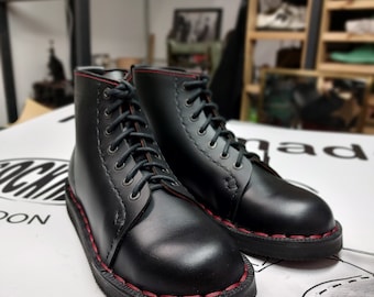 Handcrafted/ Handmade Cockney ankle boots 'Step' 7' eyelets, hand stitched, full grain waterproof black leather, made to order in London.