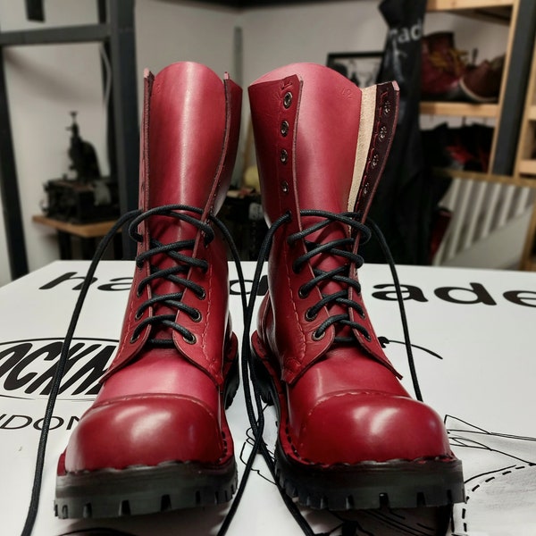 Handmade Cockney boots, 10' eyelets full grain hand dyed burgundy leather. Steel toe caps 100% hand stitched, made to order in London
