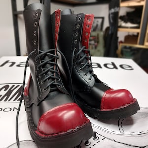 Handmade/ hand stitched/ Cockney boots, two tone black and red genuine full grain leather. Handcrafted in London