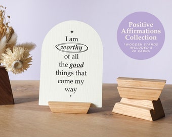 Affirmation Cards with Handmade Oak Stand: Positive Self-Care Gift