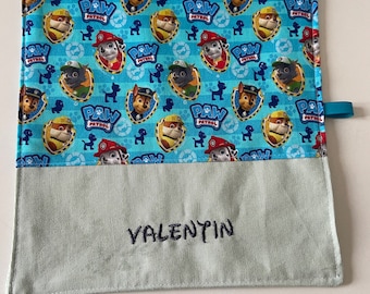 Tovagliolo Paw Patrol + nome ricamato/regalo personalizzato/regalo per il pranzo 25 x 25 cm cotone a nido d'ape