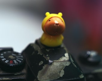 May include: A small, yellow and brown figurine of a bear wearing a hood sits atop a black camera. The camera has a dial with numbers and markings. The figurine is in sharp focus, while the background is blurred.