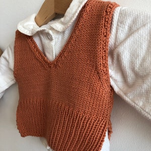 May include: A rust-coloured knitted waistcoat with a V-neckline. The waistcoat is hanging on a wooden hanger and is layered over a white collared shirt.