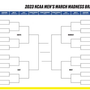 May include: A blank NCAA Men's March Madness bracket for the 2023 tournament. The bracket is divided into four regions: South, East, Midwest, and West. The first round, second round, Sweet Sixteen, Elite Eight, National Semifinals, National Championship, and Final Four are labeled.