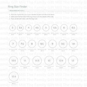 May include: A ring size finder chart with a series of circles representing different ring sizes. The chart includes sizes from 3 to 13.5, with each size marked in millimetres.