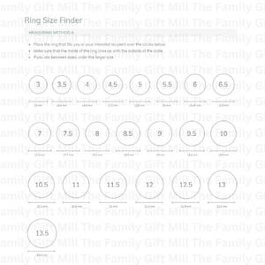 May include: A ring size finder chart with a series of circles representing different ring sizes. The chart includes sizes from 3 to 13.5, with each size marked in millimeters.