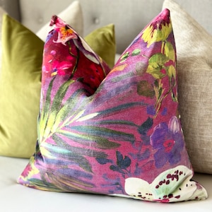 Floral magenta velvet throw pillow cover , Fuchsia decorative throw floral pillow cover, multicolor hot pink pillow floral print