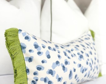 Blue Leopard decorative throw pillow cover, Animal Print Designer Pillow |  Chinoiserie Chic Pillow Cover with green brushed fringe detail
