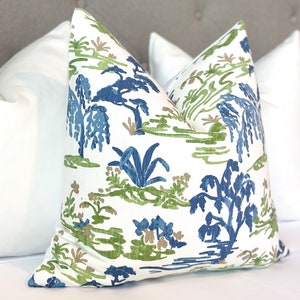 Funda de cojín decorativa azul verdosa, cojín de acento estilo chinoiserie para sofá y cama.