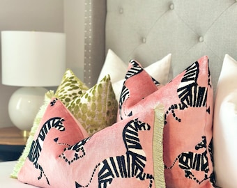 Pink Velvet Zebra Print Pillow Cover - Custom Designer Accent Pillow with  green green brushed fringe detail - Decorarive pillow Zebra