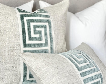 Neutral throw pillow cover with Greek key decorative tape detail | Beige accent throw pillow cover for bed and sofa | Designer pillow cover