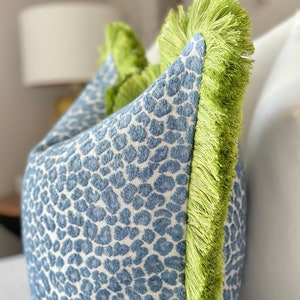 Decorative Blue cheetah spotted throw pillow cover, blue cheetah cushion with green brush fringe, cheetah accent pillow for sofa and bed image 3