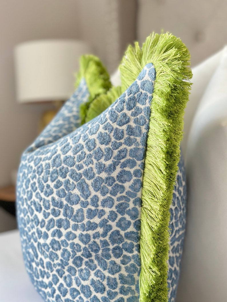 Decorative Blue cheetah spotted throw pillow cover, blue cheetah cushion with green brush fringe, cheetah accent pillow for sofa and bed image 3
