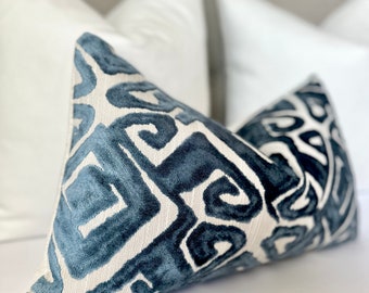 Marine blue velvet throw pillow cover, blue decorative cushion , geometric velvet fabric pillow cover