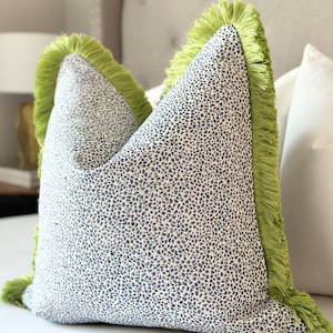 Blue azure spotted throw pillow cover with green brushed fringe detail, blue pillow cover , decorative blue pillow for sofa bed