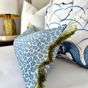 Blue cheetah throw pillow cover with green brush fringe, chenille blue cheetah pillowcase lumbar ,  pillow cover blue leopard