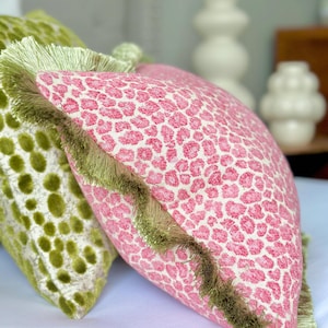Pink Cheetah Pillow with Green Brushed Fringe Detail | Pink Accent Pillow for Chinoiserie and Modern Decor | Designer animal print pillow