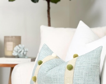 Seaglass Blue Throw Pillow with Pom-Pom Detail | Custom designer throw pillow for sofa and bed | Moderm Blue accent pillow cover