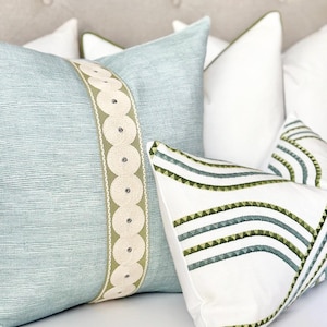 Seaglass Blue Throw Pillow Cover, Modern Coastal Accent Pillow With Green Tape Detail image 1