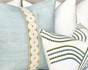 Seaglass Blue Throw Pillow Cover, Modern Coastal Accent Pillow With Green Tape Detail