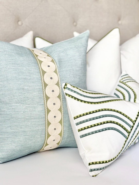 Seaglass Blue Throw Pillow Cover, Modern Coastal Accent Pillow With Green Tape Detail