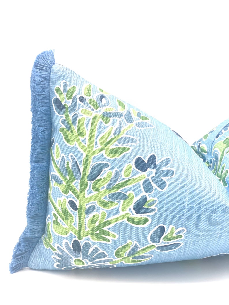 Blue Floral Pillow Cover With Royal Blue Brush Fringe Detail Etsy