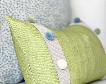 Lime  green Throw Pillow with Pom-Pom Detail | Custom designer throw pillow for sofa and bed | Moderm Green accent pillow cover