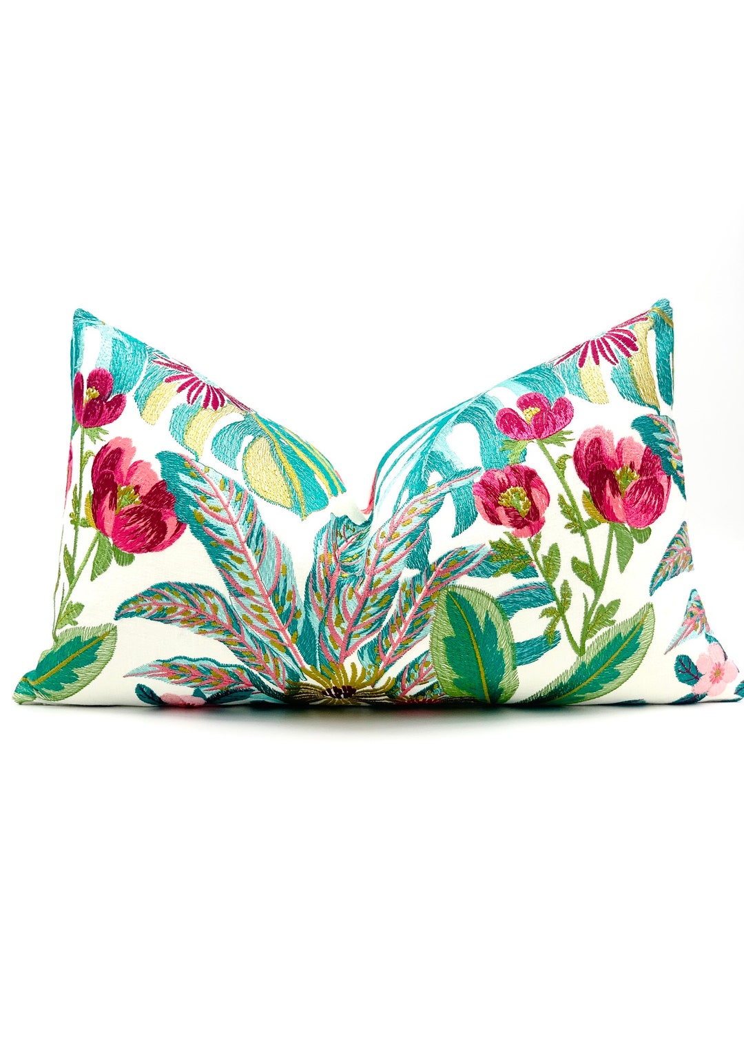 Embroidered Floral Throw Pillow Cover Lumbar Magenta Green Etsy