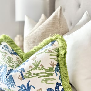 Modern  blue / gree throw pillow cover, decorative pillow cover with green brushed fringe detail, green accent throw pillow for bed and sofa